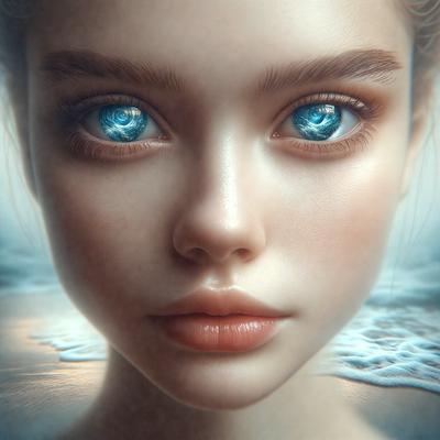 The primary subject of the image is a woman with blue eyes. She is the main focus of the image. The setting is a beach, with the ocean visible in the background. The visual style is digital art, as the woman's eyes are described as having a digital look. The colors and mood of the image are vibrant and lively, with the blue eyes and ocean creating a sense of tranquility and beauty.